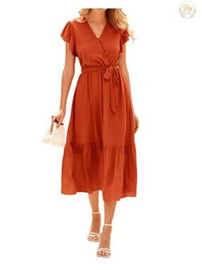 Women Summer Wrap V Neck Ruffle Cap Sleeve Belted Midi Dress